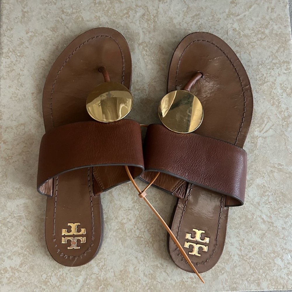 Tory Burch Brown Leather Slide Sandals with Gold Medallions - Picture 2 of 4